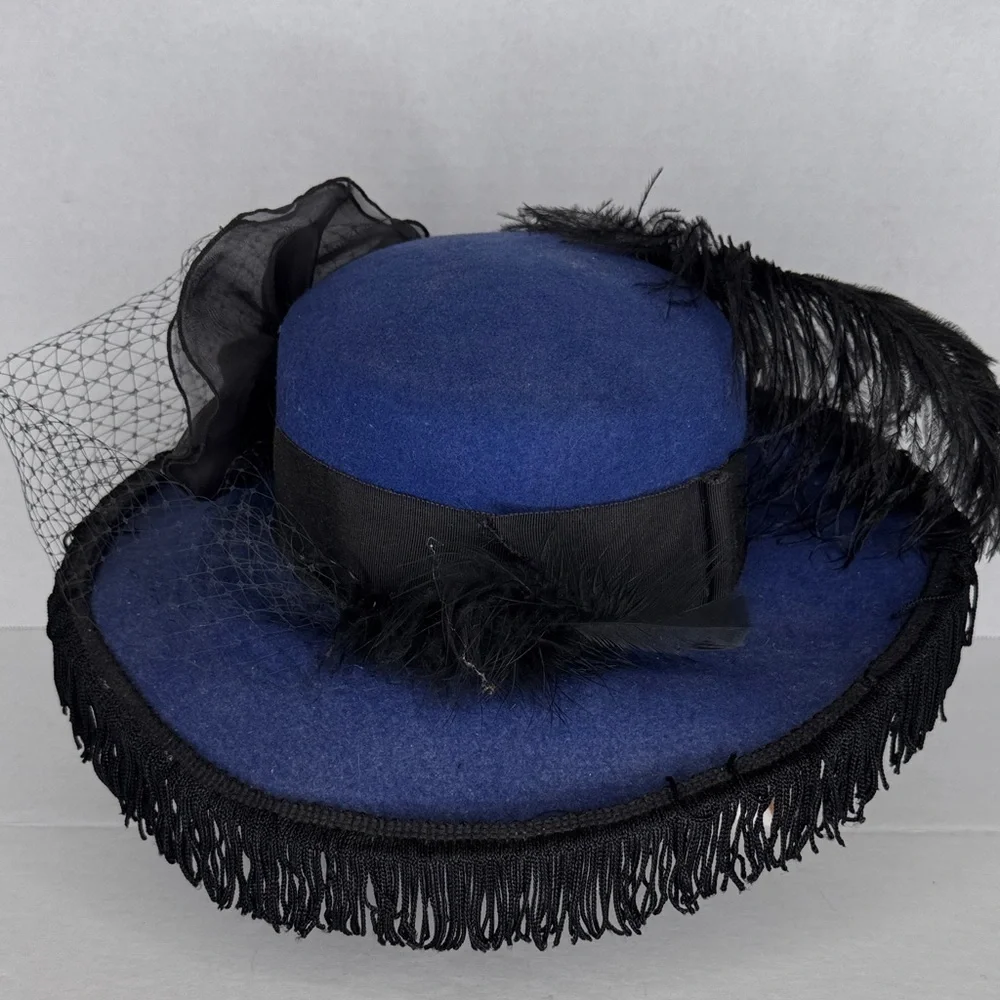 Vintage IMPORTINA Geo W. Bollman &Co Navy & Black Wool Wide Brim Hat